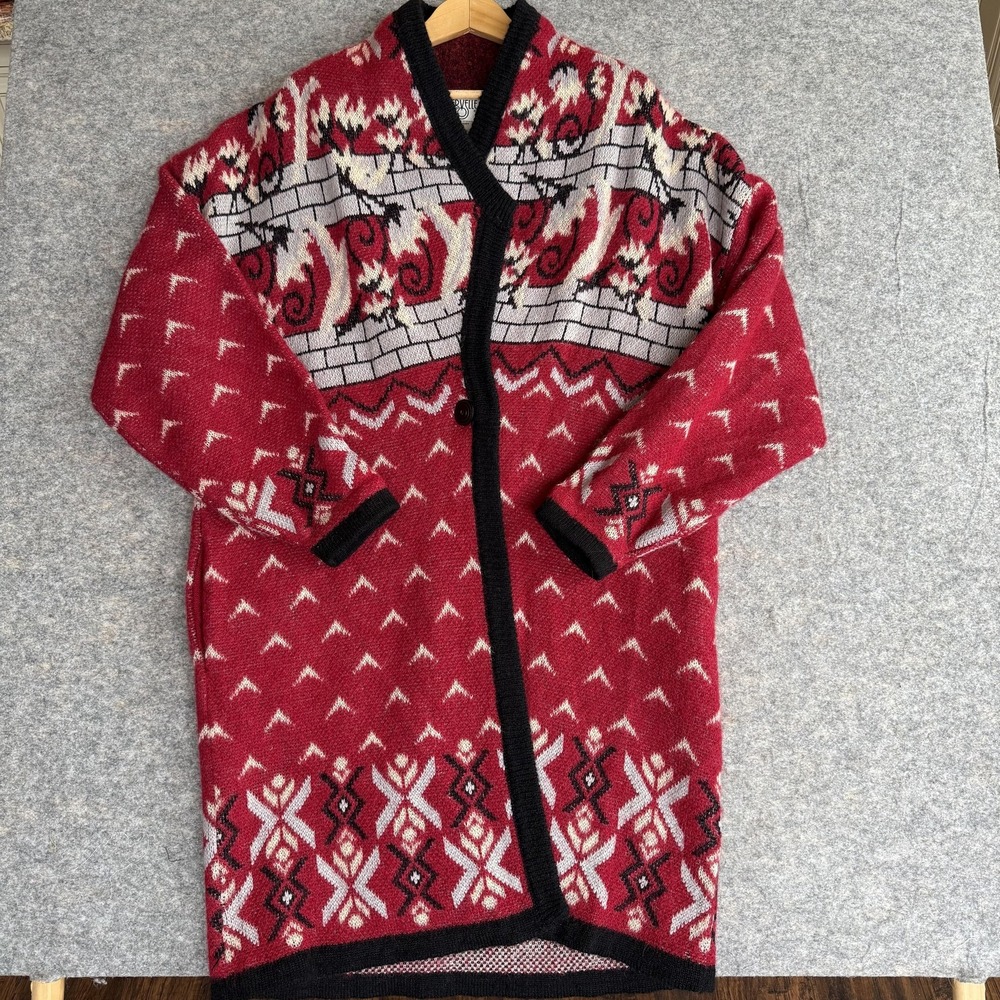 Vtg. Duster Sweater Coat Womens L Red Wool Blend Long Cardigan Swirl Print‎